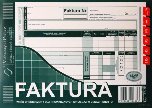 Faktura VAT A5 123-3E wzór uproszczony dla prowadzących sprzedaż w cenach brutto