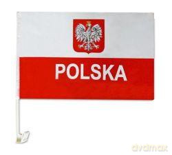 Flaga Polski samochodowa z godłem i napisem