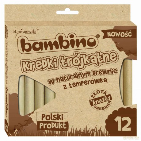 Kredki trójkątne BAMBINO w naturalnej oprawie drewnianej 12 kolorów + temperówka