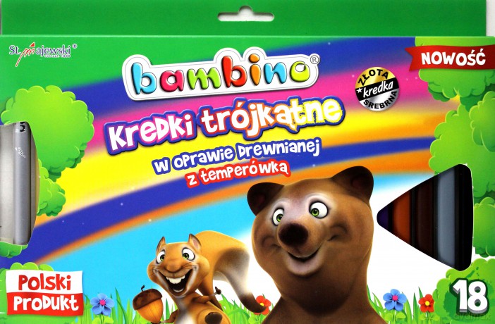 Kredki trójkątne BAMBINO w oprawie drewnianej 18 kolorów + temperówka