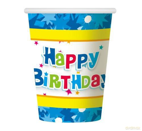 Kubeczki papierowe Happy Birthday niebieskie