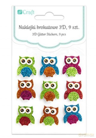 Naklejki brokatowe 3D - sówki, 9 sztuk