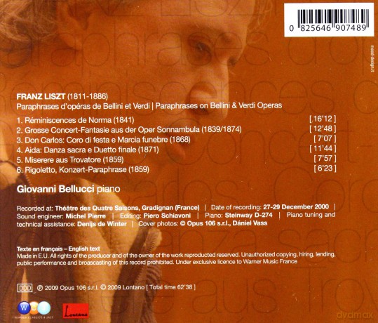 Giovanni Bellucci: Liszt: Paraphrases On Bellini And Verdi Operas [CD]