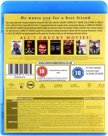 CHUCKY: Complete 7-Movie Collection (Laleczka Chucky / Powrót laleczki Chucky / Laleczka Chucky 3 / Narzeczona laleczki Chucky / Laleczka Chucky: Następne pokolenie / Klątwa laleczki Chucky / Cult of Chucky) [7xBlu-Ray]