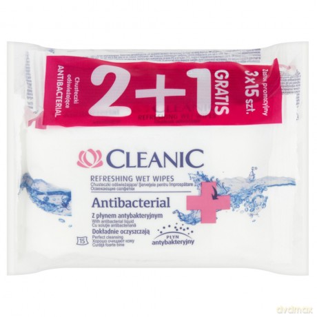 Cleanic Chusteczki odświeżające Antibacterial 2+1 gratis 1op. - (3x15 szt)