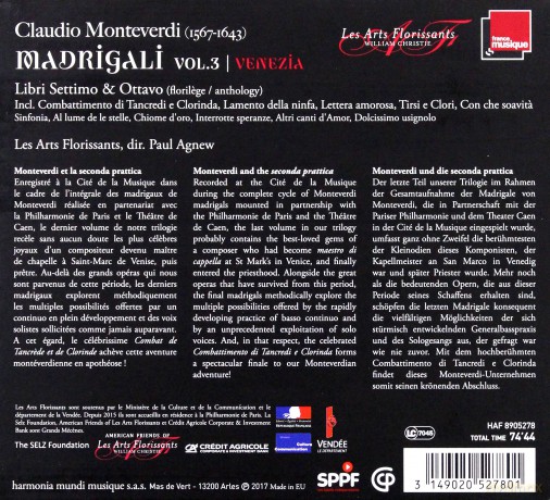 Monteverdi: Madrigali Vol 3 Venezia Les Arts Florissants Paul Agnew (digipack) [CD]