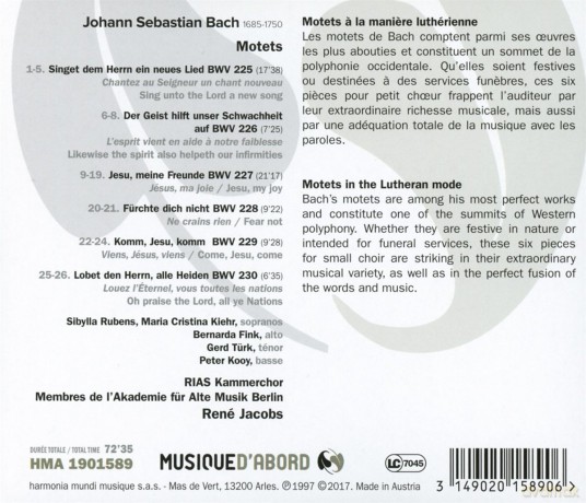 Bach: Motets Rias Kammerchor Rene Jacobs [CD]