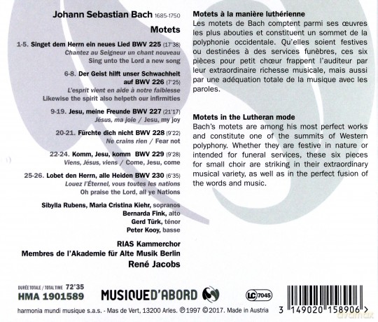 Bach: Motets Rias Kammerchor Rene Jacobs [CD]