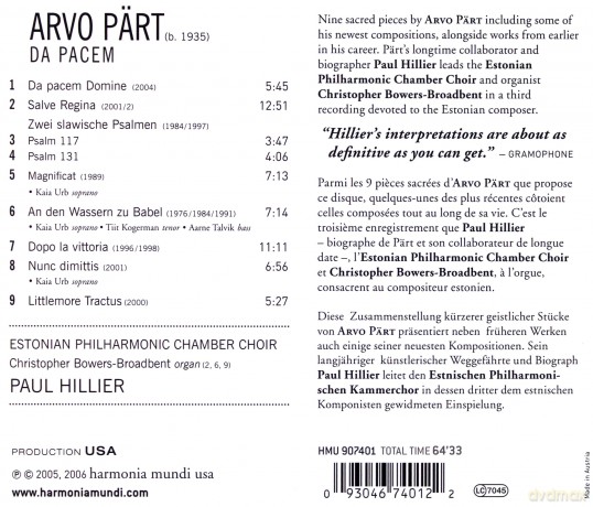 Arvo Part: Da Pacem Epcc Hillier [CD]