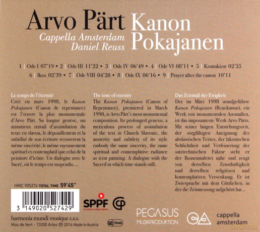 Arvo Part: Kanon Pokajanen Capella Amsterdam Daniel Reuss [CD]