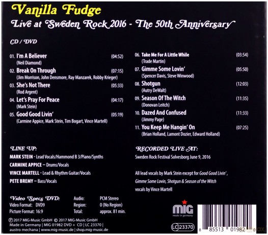 Vanilla Fudge: Live At Sweden Rock 2016 (digipack) [CD]+[DVD]