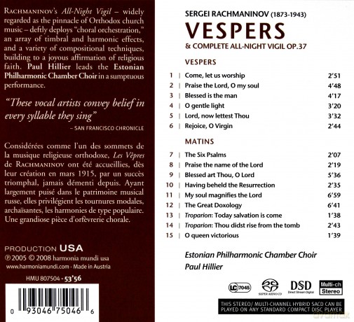 Rachmaninov: Vespers Estonian Philharmonic Chamber Choir Hillier [SACD]