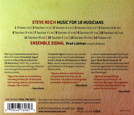 Steve Reich: Music For 18 Musicians [CD]