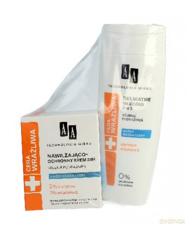 AA Technologia Wieku Cera Wrażliwa DUO Krem nawilżający 24H 50 ml + mleczko 200 ml