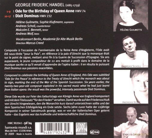 Handel: Ode For The Birthday Of Queen Anne Creed (digipack) [CD]