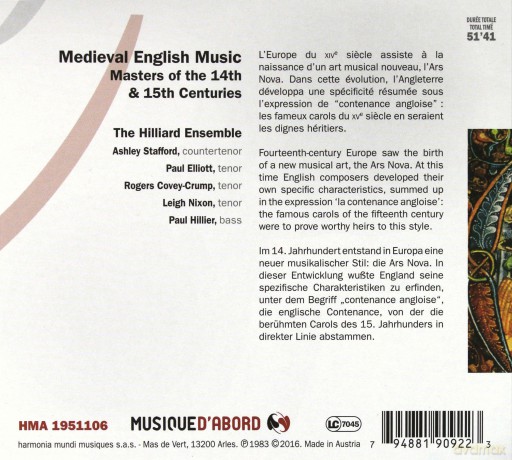 Medieval English Music: The Hilliard Ensemble [CD]