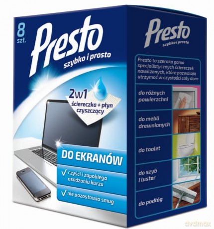 Presto Ściereczki czyszczące + płyn 2w1 do ekranów 1op. -8szt
