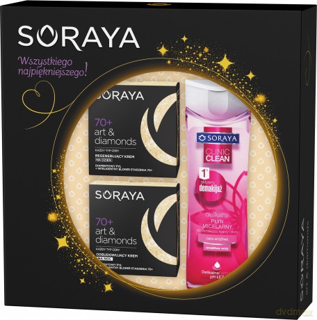 Soraya zestaw prezentowy Art and Diamonds Kompleksowa Odnowa Skóry Dojrzałej 70+ krem na dzień 50 ml + krem na noc 50 ml + płyn micelarny do cery wrażliwej 200 ml