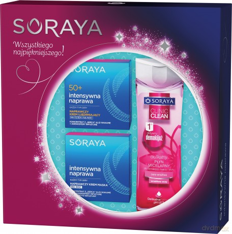 Soraya zestaw prezentowy Intensywna Naprawa 50+ krem na dzień, na noc 50 ml + krem-maska 50 ml + płyn micelarny do cery wrażliwej 200 ml