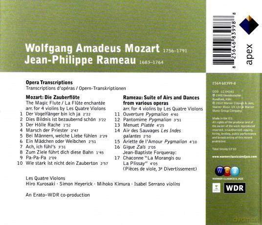 Hiro Kurosaki/Les Quatre Violo: Mozart :Opera Transcriptions [CD]