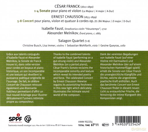 Chausson Franck: Sonate Pour Piano Et Violon Faust Melnikov Salagon Quartet [CD]
