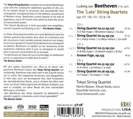 Beethoven: The Late String Quartets Tokyo String Quartet (digipack) [3CD]