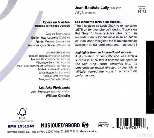 Lully: Atys Extraits Les Arts Florissants (ecopack) [CD]