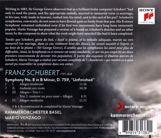 Kammerorchester Basel: Schubert: The Finished "Unfinished" (Symphony No. 8, D. 759, Reconstructed by Mario Venzago) [CD]