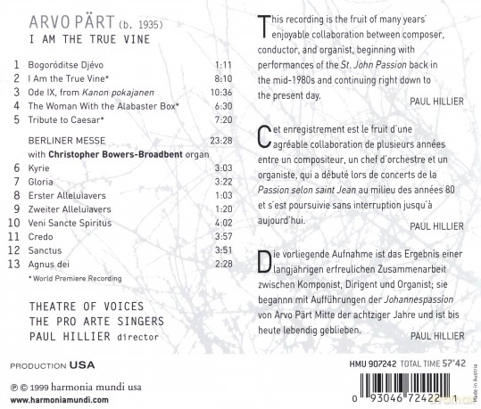 Arvo Part: I Am the True Vine Theatre Of Voices Hillier [CD]