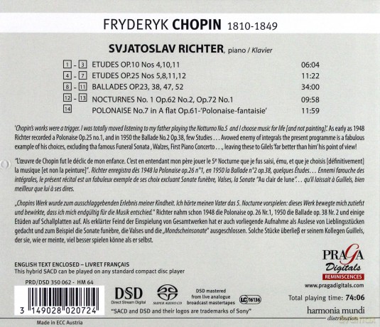 Chopin: Etudes Ballades Nocturnes Polonaise No 7 Richter [CD]