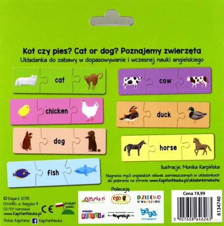 Kapitan Nauka. Układanki malucha. Angielski. Zwierzęta. 1-3 lata [KSIĄŻKA]