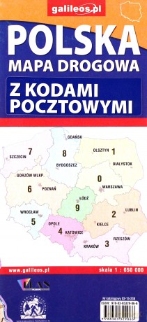 Polska mapa drogowa z kodami pocztowymi 1:650 000