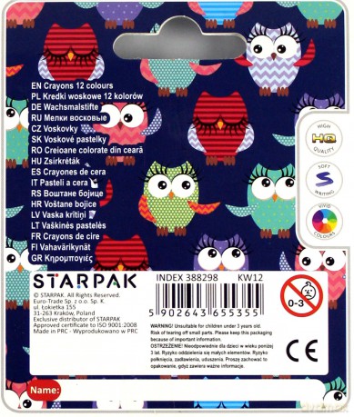 Kredki woskowe 12 kolorów Sowy