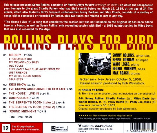Sonny Rollins: Plays For Bird [CD]