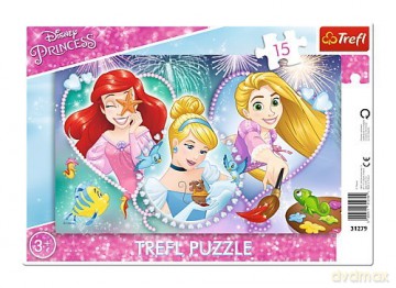 TREFL Puzzle ramkowe 15 el. - Disney Princess, Trzy uśmiechnięte księżniczki [PUZZLE]