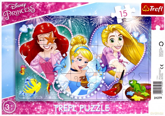 TREFL Puzzle ramkowe 15 el. - Disney Princess, Trzy uśmiechnięte księżniczki [PUZZLE]