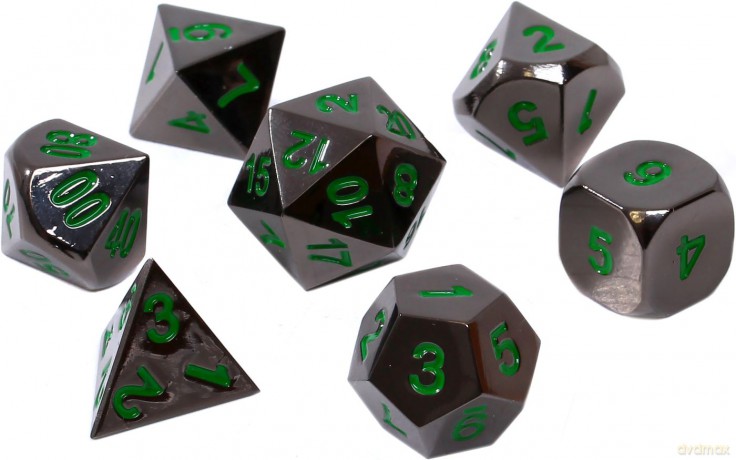 Komplet kości REBEL RPG - Metal - Czarna stal z zielonymi numerami [GRA]