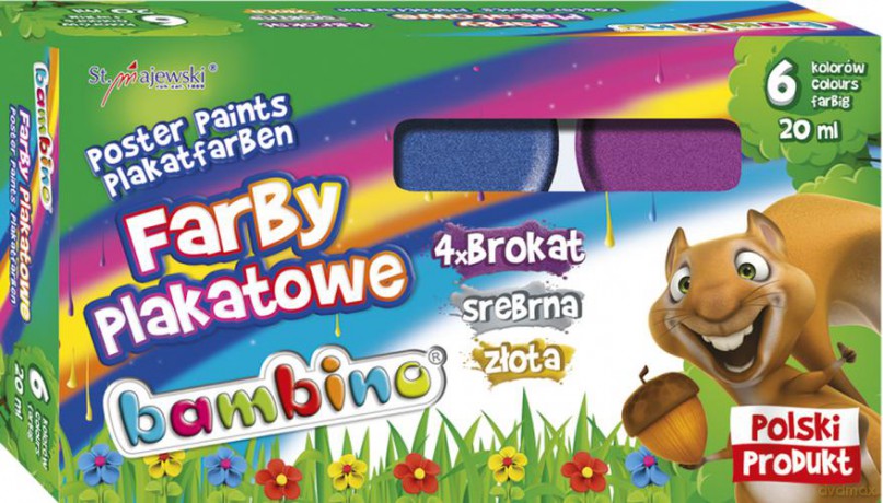 Farby bambino plakatowe 6 kolorów 20 ml brokat