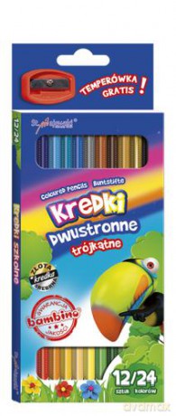 Kredki szkolne trójkątne dwustronne 12/24 kolory z temperówką