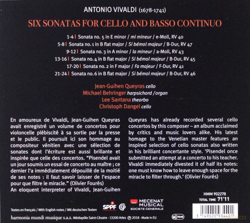 Vivaldi: Six Sonatas For Cello And Basso Continuo Queyras [CD]