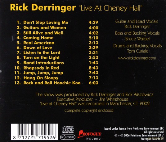 Rick Derringer: Live At Cheney Hall [CD]