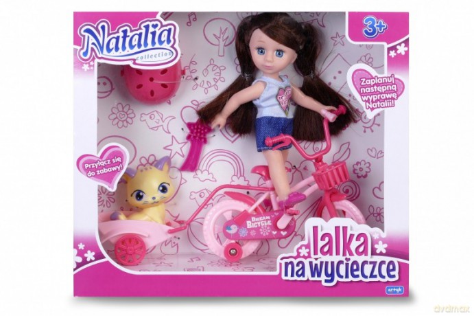 Lalka Natalia z rowerem i kotkiem