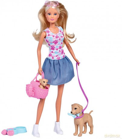 Lalka Steffi na spacerze z psami