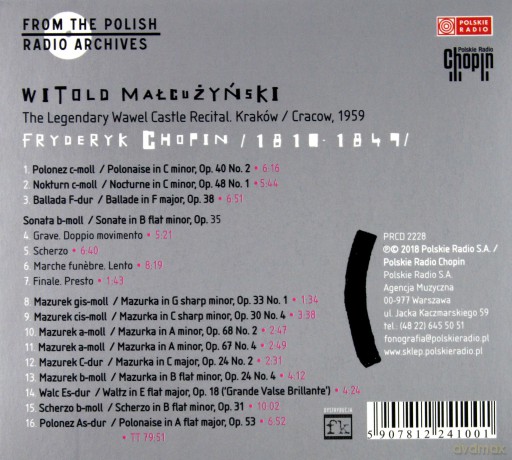 Witold Małcużyński: The Legendary Wawel Castle Recital, Kraków 1959 Fryderyk Chopin [CD]
