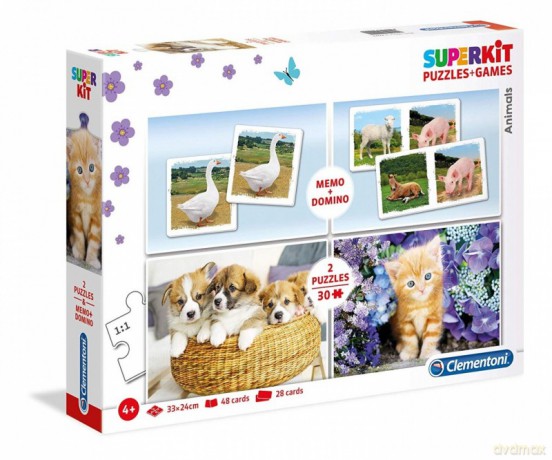 Zestaw Superkit Puzzle 2x30 elementów + MEMO + DOMINO Zwierzęta [GRA]
