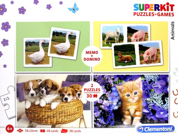 Zestaw Superkit Puzzle 2x30 elementów + MEMO + DOMINO Zwierzęta [GRA]