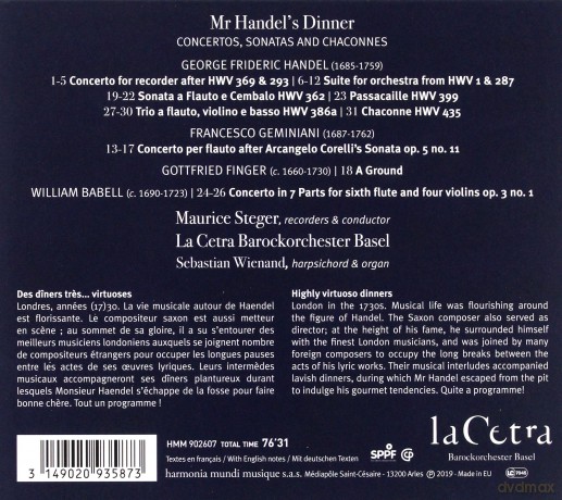 Handel: Mr Handel's Dinner Steger La Cetra [2CD]