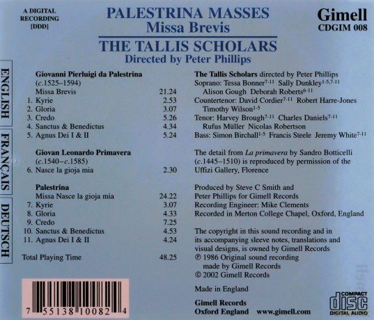 Tallis Scholarsphillips: Palestrina Masses Missa Brevis [CD]