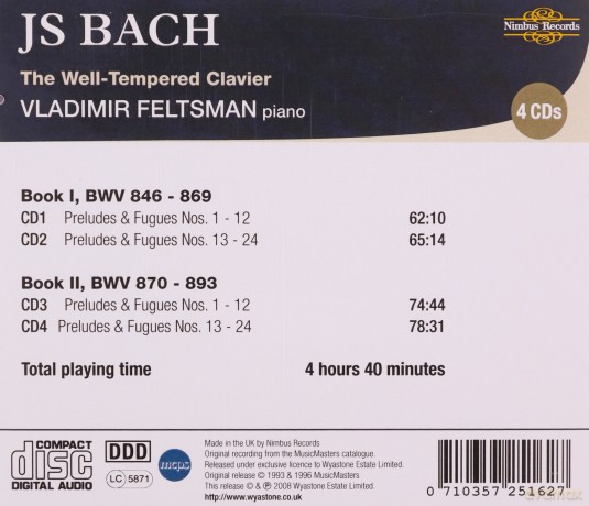 J.S. Bach: Well-Tempered Clavier - Vladimir Feltsman [4CD]
