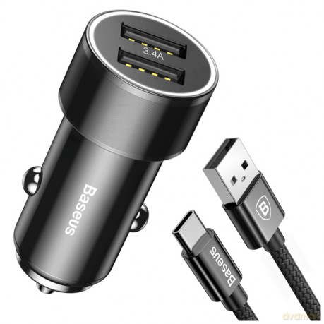 BASEUS Ładowarka samochodowa 2x USB + Kabel USB-C
